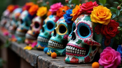 Fototapeta premium Colorful Dia de los Muertos skulls adorned with vibrant flowers in a row.