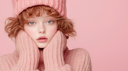 Redhead girl in pink knitted hat and sweater