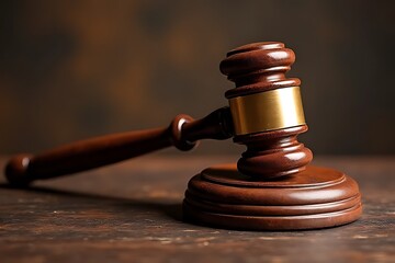 Obraz premium wooden gavel with gold accent rests solemnly on a textured wooden surface.