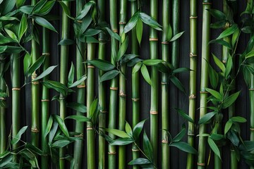 Naklejka premium A bamboo wall with green leaves, dark background, and numerous bamboo stalks arranged in rows. The bamboo is fresh and lush, giving it an organic feel. It has a natural texture that adds depth