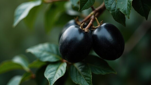 Close-up of three ripe, black fruits of the Diospyros nigra plant hanging from a branch with green leaves.