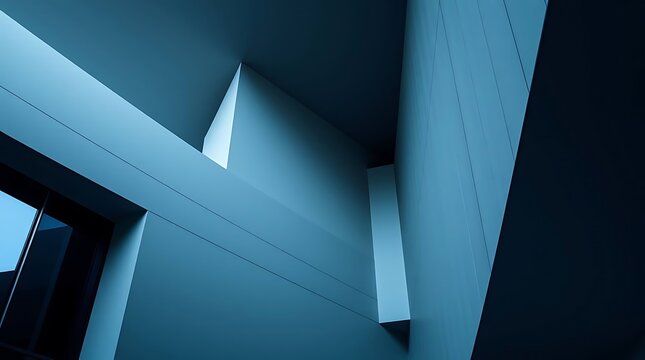 Minimalist photography of a modern architectural building, sharp lines and smooth surfaces, cool color palette of grays and blues, using natural lighting.
