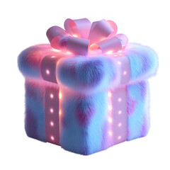 Fluffy 3D Cartoon Gift Box with Glowing Ribbons and Pink Bow Isolated on Transparent Background