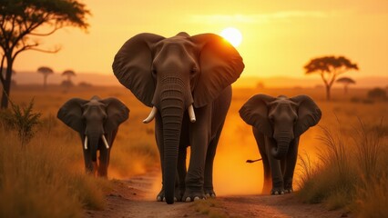 Fototapeta premium Three elephants walking on a dirt path in the savannah at sunset, perfect for an elephant wallpaper.