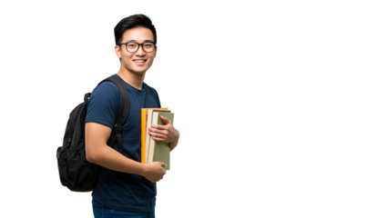 Young handsome Asian college student holding books with a backpack, wearing glasses, facing left with face towards camera, isolated on transparent background.