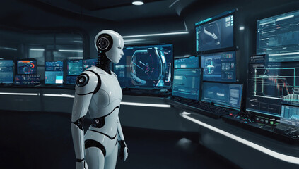 Humanoid robot with AI background, machine and future