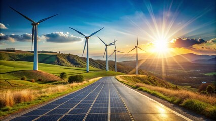 A scenic highway powered by renewable energy sources, featuring solar panels embedded in the road surface and wind turbines gracefully positioned on a picturesque landscape under a vibrant sunset.