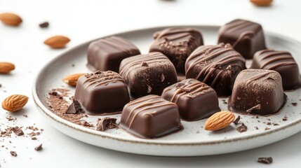 Plate of chocolate covered almonds on a wooden table with scattered almonds around it