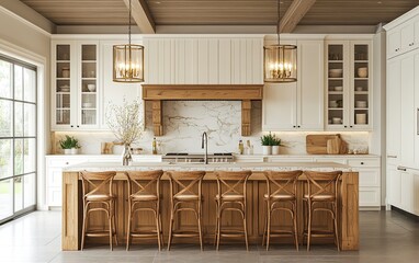 Fototapeta premium 3D rendering of a luxury modern farmhouse kitchen with an island and barstools in light wood, white cabinets, and a marble backsplash. Soft, warm lighting illuminates the front view. 