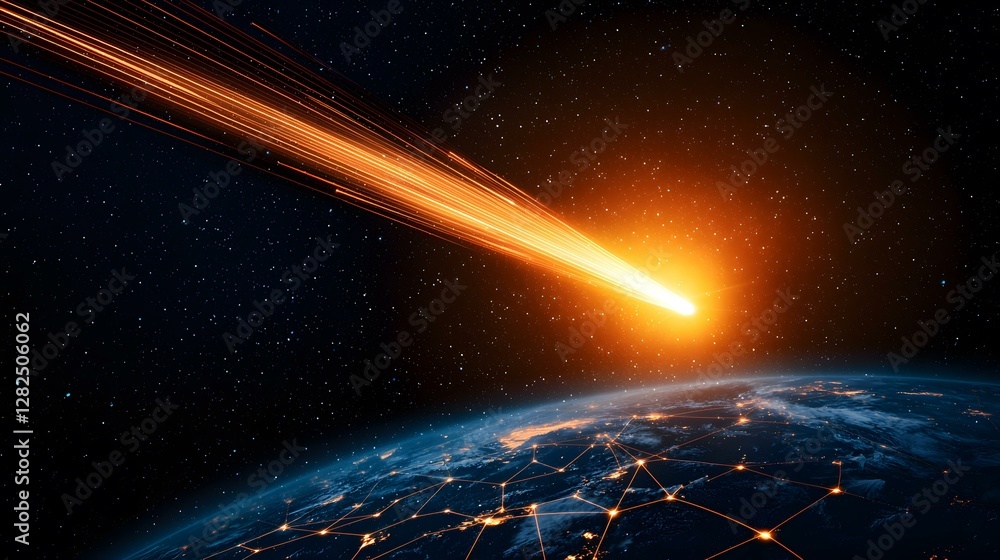 Poster a blazing comet streaks across the cosmos, its fiery tail contrasting with the intricate network of 