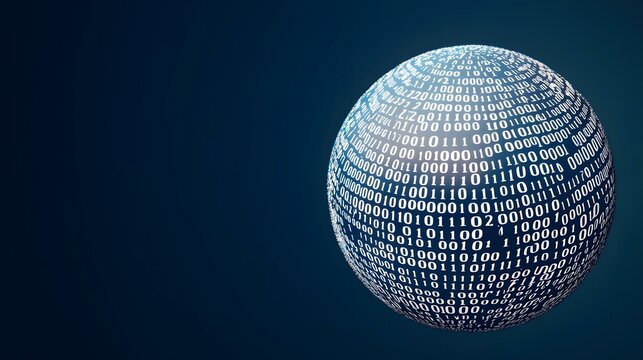A dark-blue sphere is covered in a swirling pattern of white binary code.
