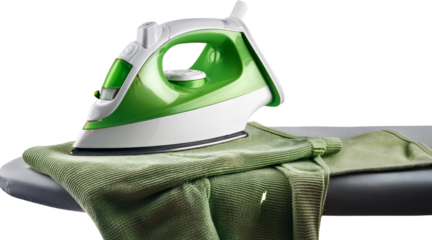 Modern Green Iron on Ironing Board with Green Fabric Household Appliance Close Up