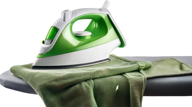 Modern Green Iron on Ironing Board with Green Fabric Household Appliance Close Up