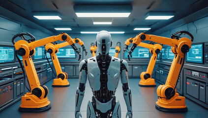 Fototapeta premium Humanoid robot with AI background, machine and future