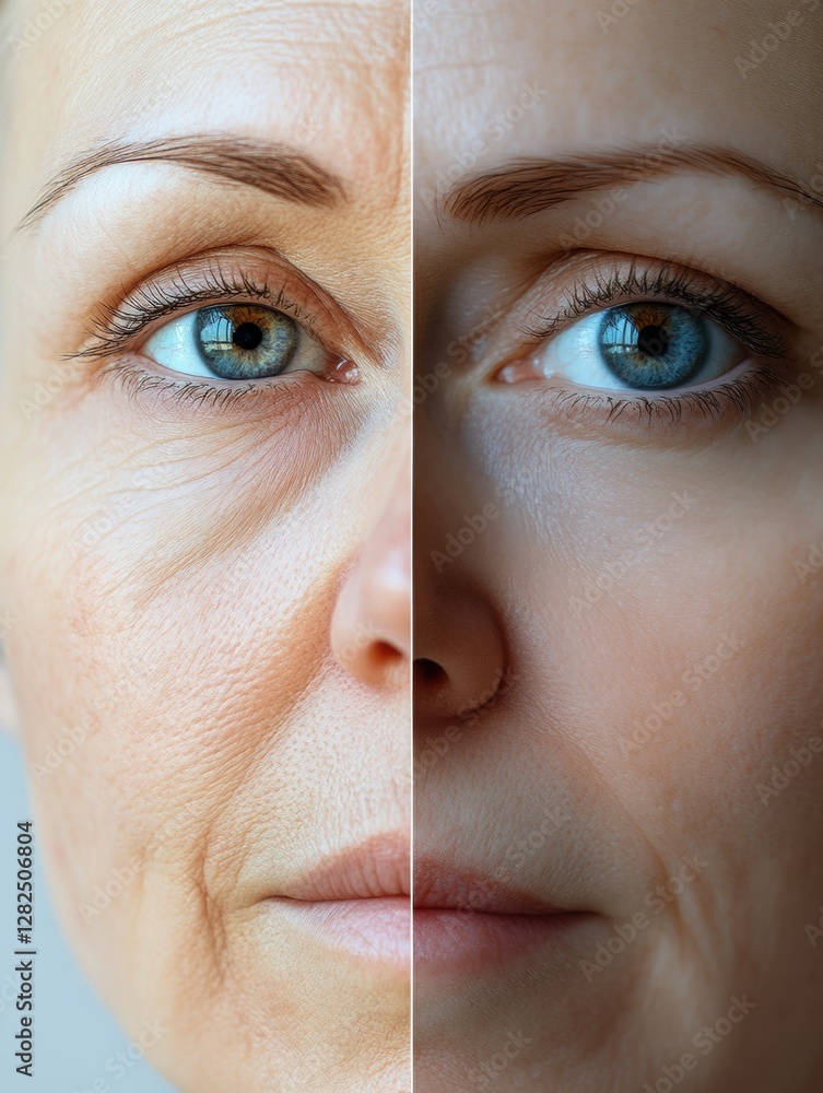 Poster comparison of aged and youthful facial appearance illustrating skin transformation over time. genera