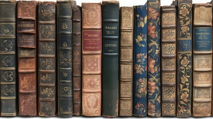 A collection of antique books with intricate detailing on their spines. The rich, warm tones and aged leather create a sense of history and nostalgia.