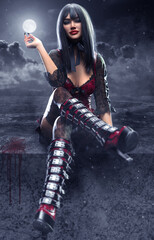 Obraz premium 3D Rendered Beautiful Alternative Punk Goth Urban Fantasy Woman with Red and Black Platform Boots Posing Seductively on a Roof at Night