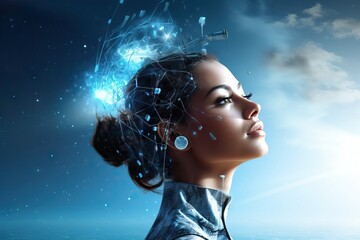 African american woman digital art with blue glowing particles and tech elements. Artificial intelligence and machine learning concept. Female portrait with futuristic effects