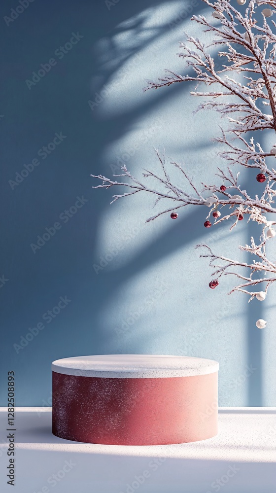 Poster christmas podium displaying products with snowy tree branches and red ornaments