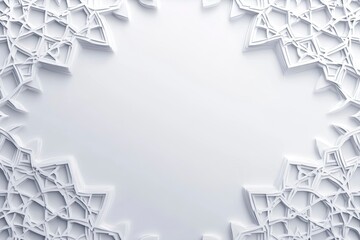 Fototapeta premium A radiant white background illuminating simple Islamic geometric patterns, surrounded by subtle gradients of light gray and silver. The design is minimalistic yet rich in cultural symbolism, 