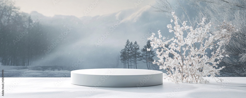 Poster white podium displaying winter product on snowy landscape with frozen tree