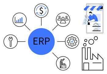 Central blue ERP circle connected to finance, analytics, human resources, production, settings, and maintenance icons. Digital shopping on mobile and factory icons. Ideal for business integration