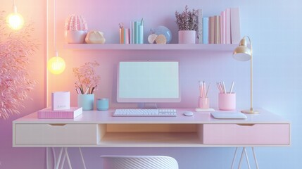 Stylish Pastel Home Office Setup with Computer and Decor Elements