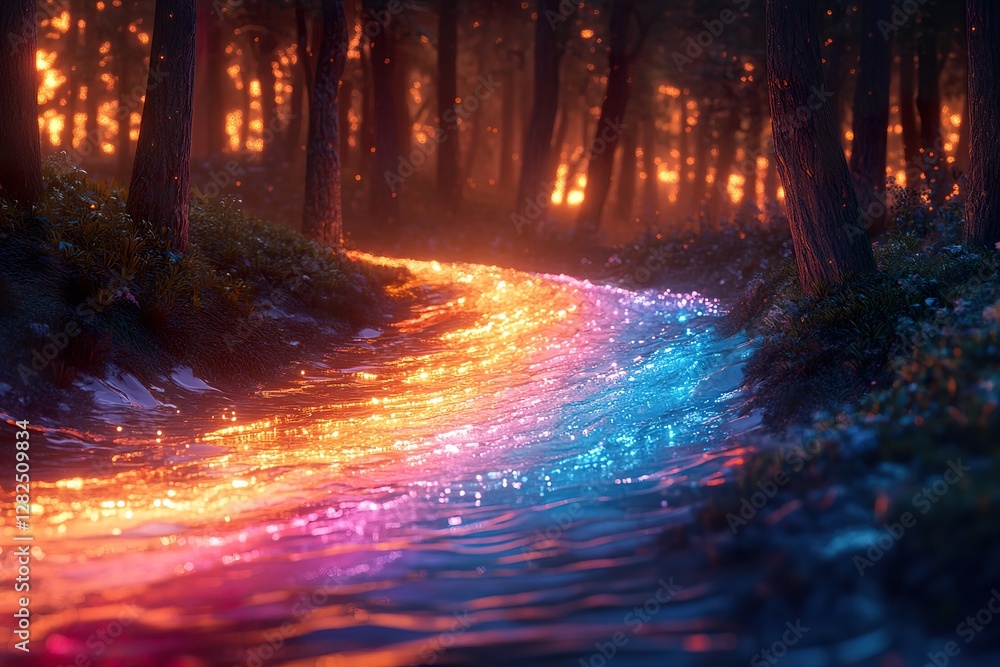 Poster magical river flows through a dark enchanted forest setting