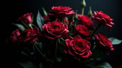 A bouquet of gothic flowers with deep red roses against a dark background.
