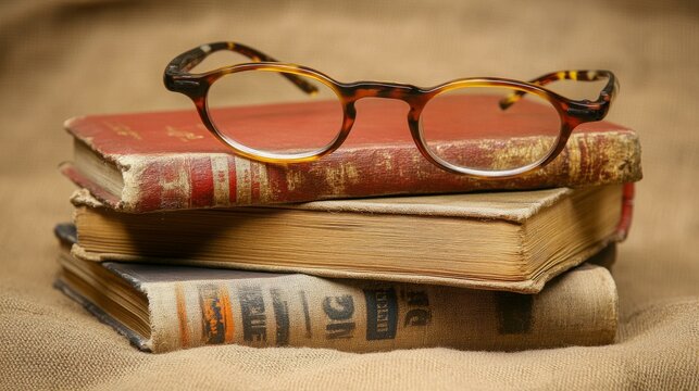 A pair of tortoise-shell glasses rests on a stack of vintage books, creating a nostalgic and intellectual scene. The warm tones and aged textures evoke a sense of history and knowledge.