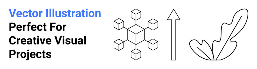 Geometric cube formation with connecting lines, upward arrow, and abstract leaf design. Ideal for innovation, growth, development, creativity, progress, nature and modern branding in flat landing