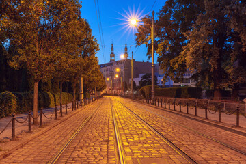 Old Town tram tracks at dawn, Poznan, Poland