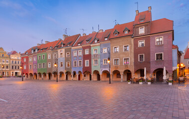 Facades of old colorful houses on the Town Hall Square in Poznan