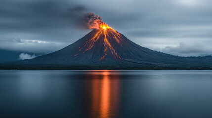 Fototapeta premium Majestic Erupting Volcano with Vibrant Lava Flow at Dusk