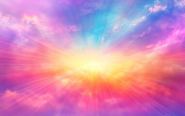 Obraz premium A beautiful sunrise background with colorful rays of light, creating an abstract and magical wallpaper design. The colors include vibrant pinks, purples, blues, oranges, and yellows,