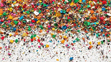 Colorful crayon shavings on white background, art supplies texture