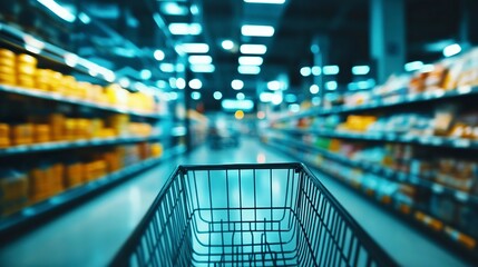 A blurred background of an empty shopping cart in the supermarket, captured from the inside looking out towards shelves with various products.