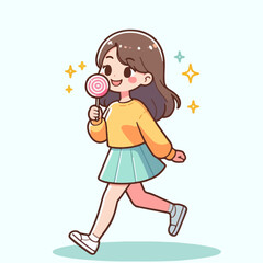 cartoon girl walks while holding a lollipop