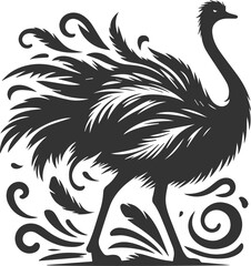 Ostrich standing in a windy setting, feathers flowing animal vector silhouette