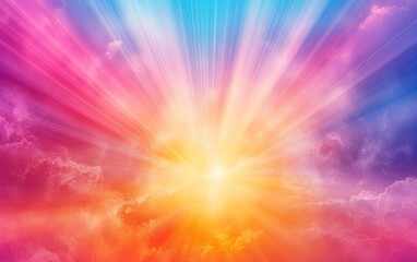 Fototapeta premium A beautiful sunrise background with colorful rays of light, creating an abstract and magical wallpaper design. The colors include vibrant pinks, purples, blues, oranges, and yellows,
