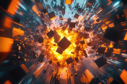 Exploding cubes in a tunnel; dynamic abstract background