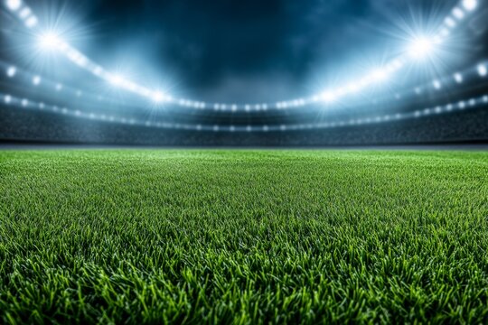 universal grass stadium illuminated by spotlights and empty green grass playground, grand sport building digital 3D background advertisement background illustration