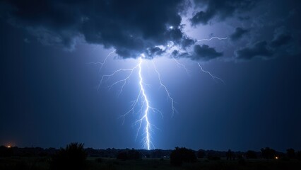 A powerful lightning bolt illuminates the night sky, creating a dramatic lighting drawing against dark clouds.