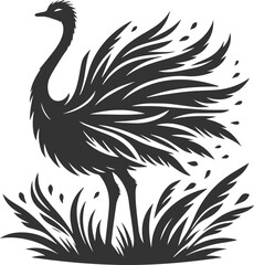Ostrich standing in a windy setting, feathers flowing animal vector silhouette