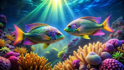 Vibrant Reef Fish Pair Gracefully Swimming Amidst a Lush Coral Garden Under Sunlit Waters