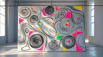 Abstract Artwork with Spirals and Geometric Shapes in a Modern Room