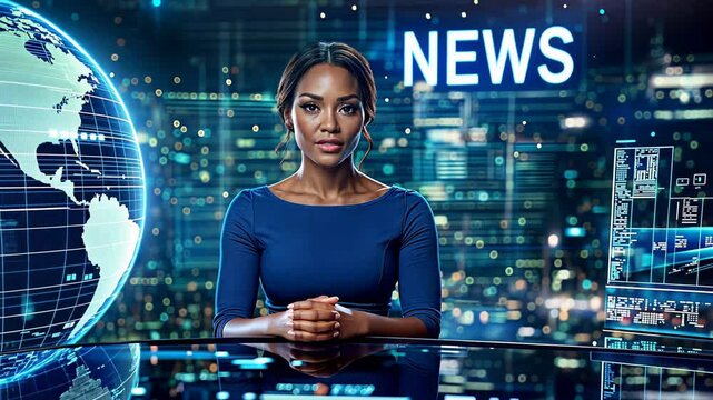 Broadcast news anchorwoman delivering live global updates in futuristic studio. Professional woman in journalism, television, media. 