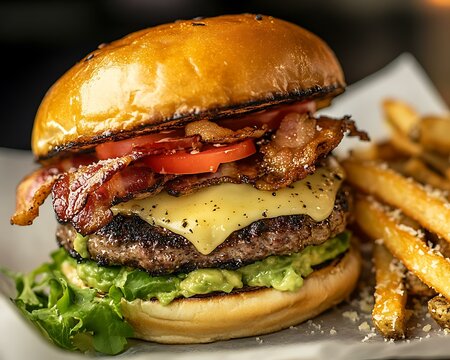 A mouthwatering bacon avocado burger with melted Havarti cheese and a side of parmesan fries.