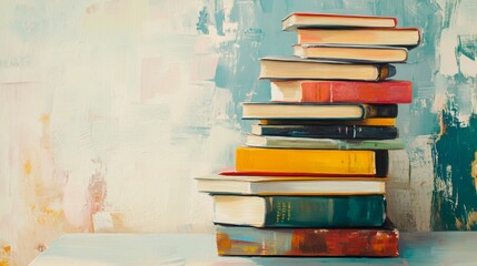 A vibrant stack of books against a textured, painted background.  