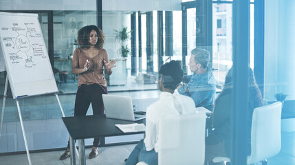Presentation, coaching and meeting with business woman in office for ads specialist, seo...
